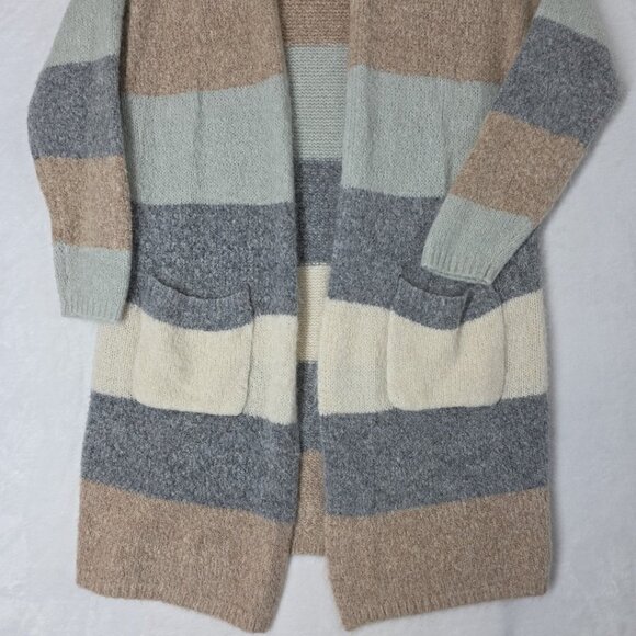 Entro Open Front Long Sweater Cardigan Women's L Beige Gray Striped - Picture 3 of 12